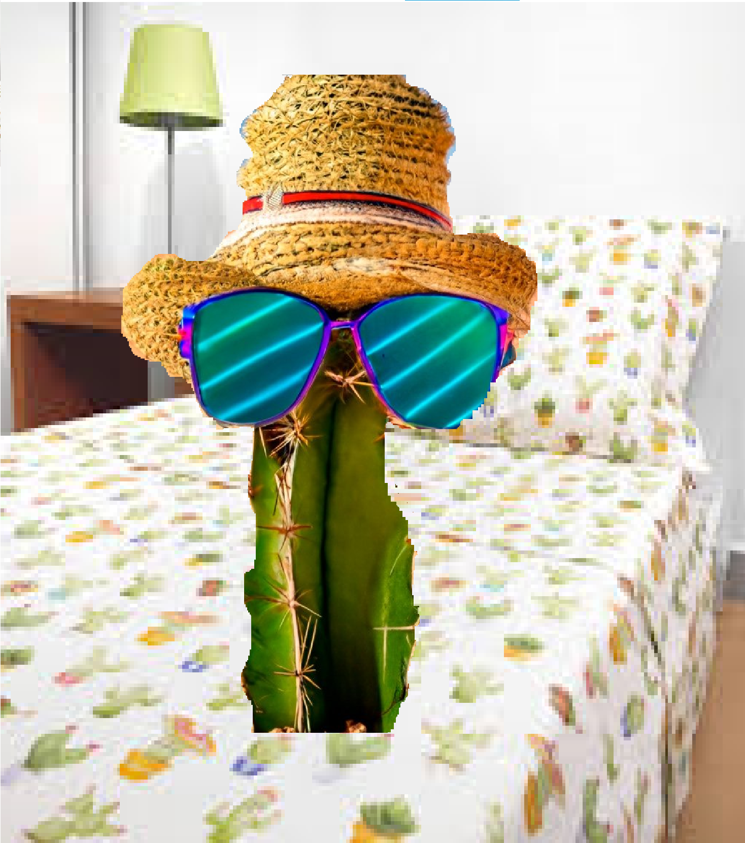 cacto com óculos de sol e chapéu de praia na cama de estampa de cacto